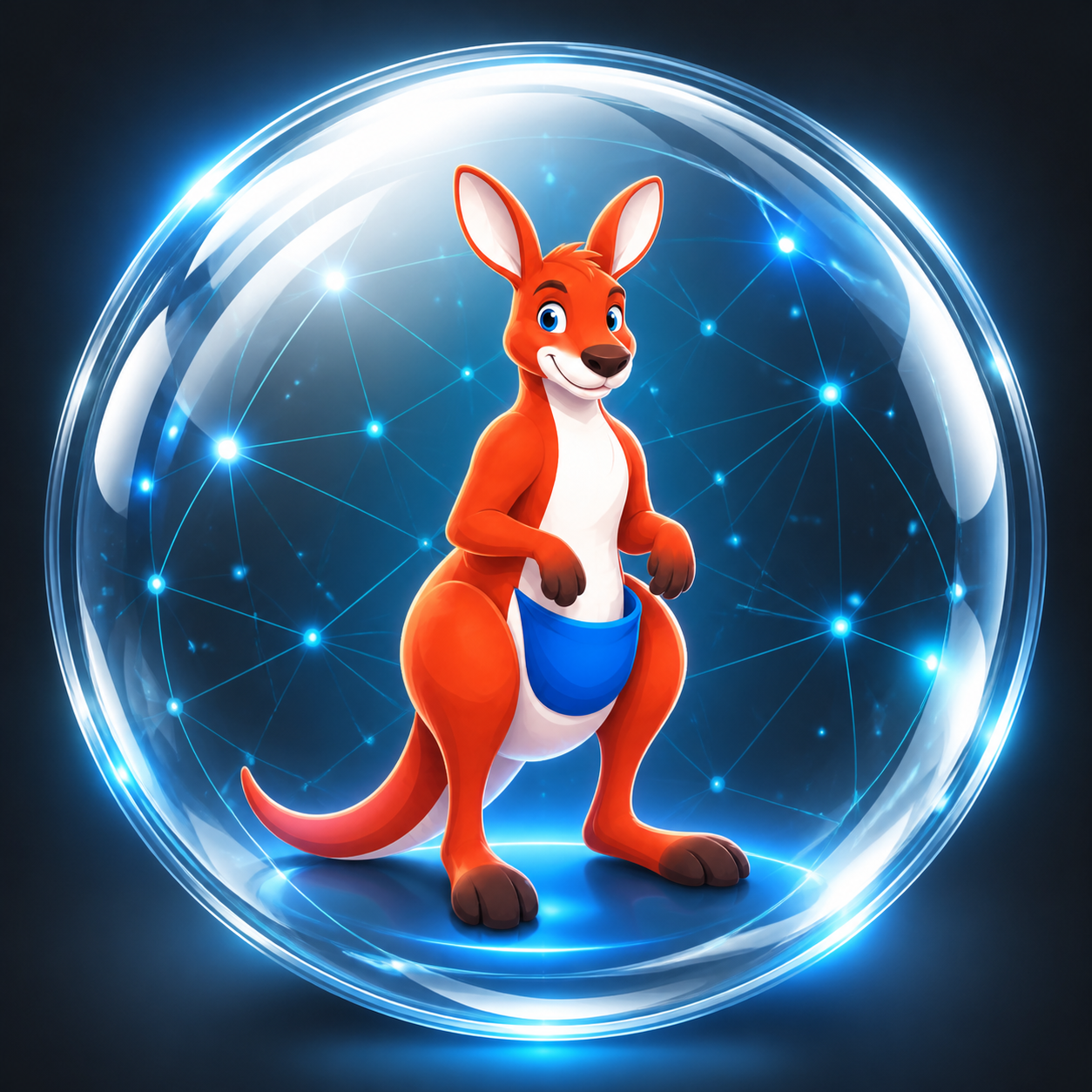 Joey kangaroo mascot inside a glass compute network